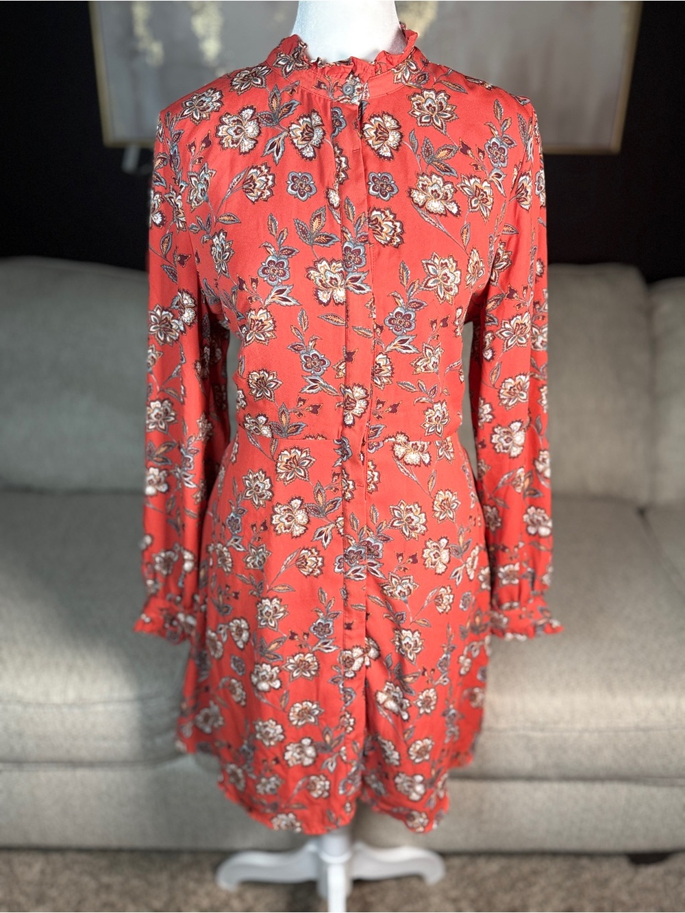 LOFT Coral Floral Long-Sleeve Ruffled Neck Dress